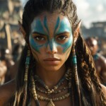 Close-up portrait of a strong woman with blue face paint and tribal jewelry.