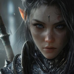 Beautiful elven warrior in elaborate medieval armor with black hair, banner, copy space. illustration